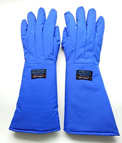 Blue thermal cryogenic gauntlet glove. Gloves are blue and cover the arm to wrist area.