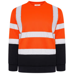 Orange Hi vis crew neck sweatshirt. Sweatshirts have two hi vis waist bands and hi vis shoulder bands and navy contrast on the bottom of the sweatshirt and arms.