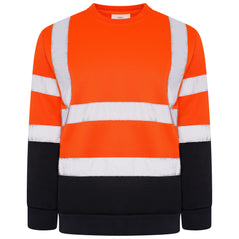 Orange Hi vis crew neck sweatshirt. Sweatshirts have two hi vis waist bands and hi vis shoulder bands and navy contrast on the bottom of the sweatshirt and arms.