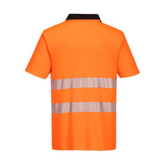 Orange DX4 Hi-Vis Polo Shirt S/S and black zip and detail on right collar bone with reflective strips across middle