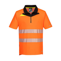 Orange DX4 Hi-Vis Polo Shirt S/S and black zip and detail on right collar bone with reflective strips across middle