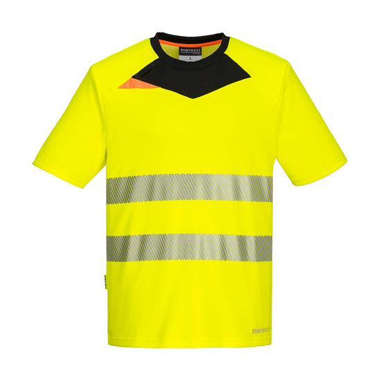 Yellow DX4 Hi-Vis T-Shirt S/S and yellow zip and detail on right collar bone with reflective strips across middle