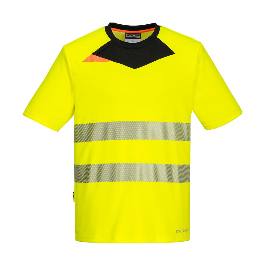 Yellow DX4 Hi-Vis T-Shirt S/S and yellow zip and detail on right collar bone with reflective strips across middle