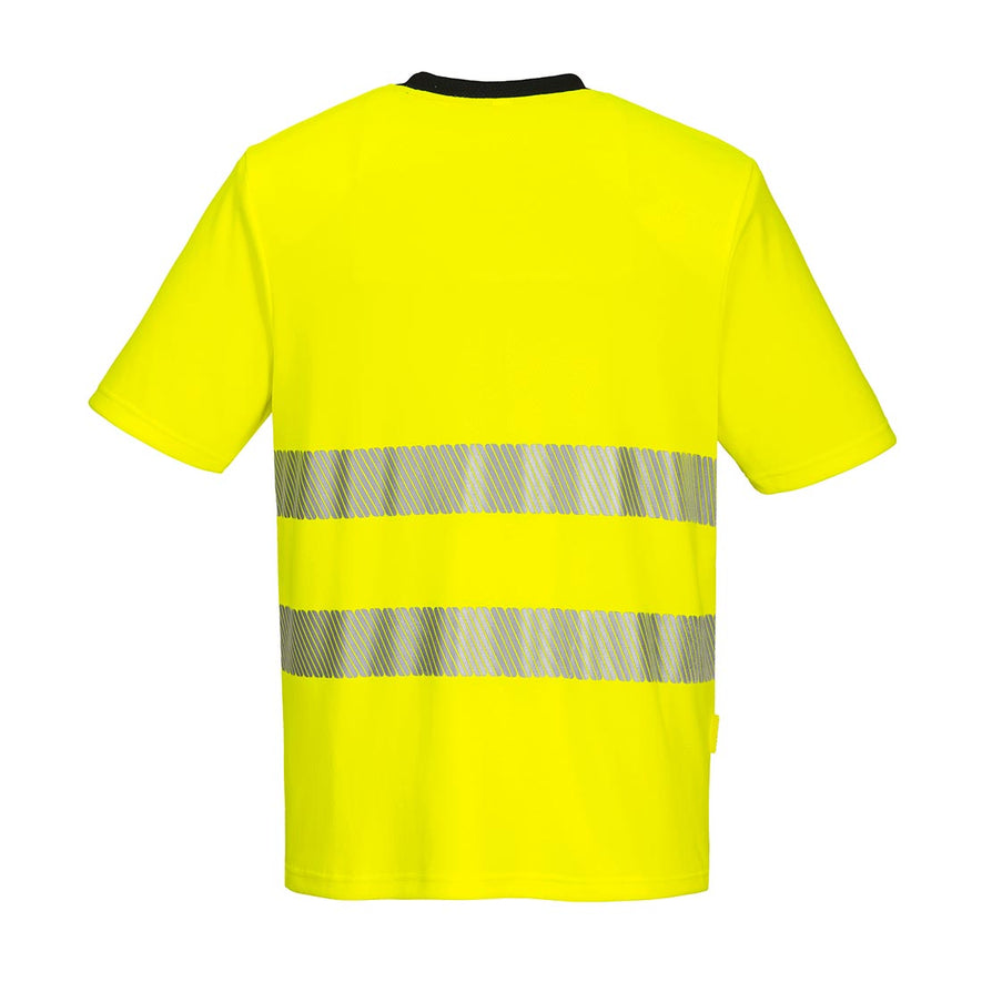 Yellow DX4 Hi-Vis T-Shirt S/S and yellow zip and detail on right collar bone with reflective strips across middle