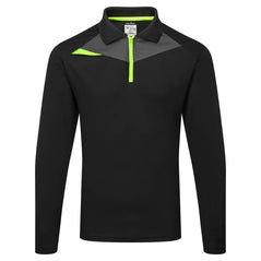 Portwest DX4 Polo Shirt long sleeve in black with fluorescent yellow quarter zip neck, triangle feature on shoulder and inside of collar and grey panel below collar.