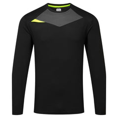 Portwest DX4 T-Shirt long sleeve in black with crew neck and fluorescent yellow triangle feature on shoulder and inside of collar and grey panel below collar.
