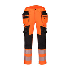 Orange DX4 detachable hi vis holster trousers with visible tool loops and detachable holster pockets. Trousers have black trim on the zips top of pockets and kneepad area as well as two hi vis bands on the ankles.