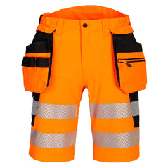 Portwest DX4 Hi-Vis Holster Pocket Shorts in fluorescent orange with 2 rows of heat seal reflective strips on legs, orange and black holster pockets on on each side and black patches on sides.