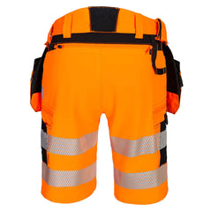 Back of Portwest DX4 Hi-Vis Holster Pocket Shorts in fluorescent orange with 2 rows of heat seal reflective strips on legs, orange and black holster pockets on on each side and black patches on sides and waistband.