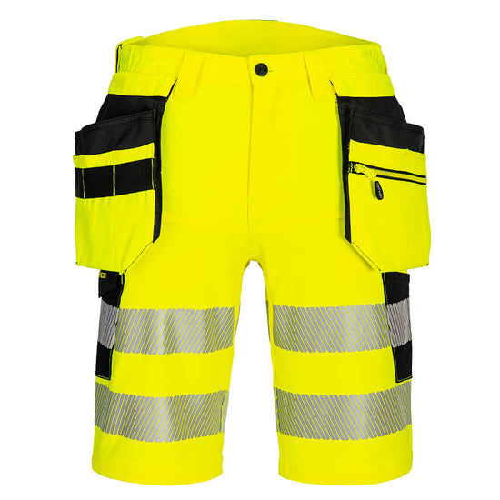 Portwest DX4 Hi-Vis Holster Pocket Shorts in fluorescent yellow with 2 rows of heat seal reflective strips on legs, yellow and black holster pockets on on each side and black patches on sides.