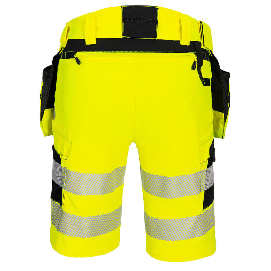 Back of Portwest DX4 Hi-Vis Holster Pocket Shorts in fluorescent yellow with 2 rows of heat seal reflective strips on legs, yellow and black holster pockets on on each side and black patches on sides and waistband.