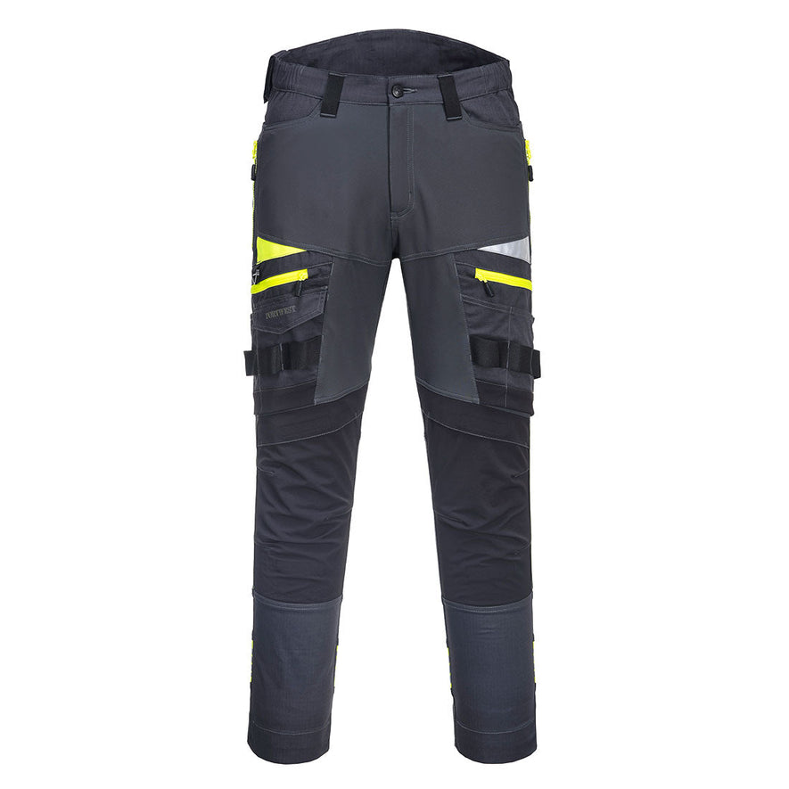 Metal grey DX4 work Trouser with zip pockets on each thigh and yellow leg contrast around the zips. With black kneepad pockets.