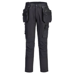 Portwest DX4 Craft Holster Trousers in black with belt loops on waistband, button and zip fastening, holster pockets on both sides and on sides of both legs. Pockets on knees with flap fastening.