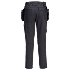 Back of Portwest DX4 Craft Holster Trousers in black with belt loops on waistband, button and zip fastening, holster pockets on both sides, pockets on back and on sides of both legs.