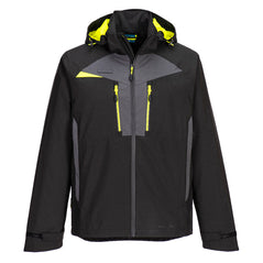 Portwest DX4 Rain Jacket in black with hood and grey panels on chest, zip fastening and sides. Also with fluorescent yellow inside lining of hood, triangle on chest and zipped pockets on chest.
