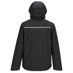 Back of Portwest DX4 Rain Jacket in black with hood with zip and reflective panel on back.