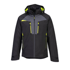 Portwest DX4 3-in-1 Jacket in black with hood and grey panels on chest, zip fastening and sides. Also with fluorescent yellow inside lining of hood, triangle on chest and zipped pockets on chest.