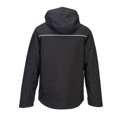 Back of Portwest DX4 3-in-1 Jacket in black with hood with zip and reflective panel on back.