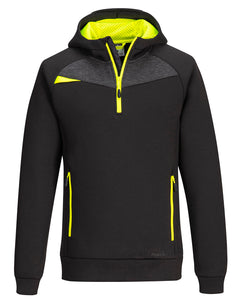 Portwest DX4 Quarter Zip Hoodie long sleeve in black with fluorescent yellow quarter zip neck, zip pockets on lower, triangle feature on shoulder and inside of hood and grey panel below collar.