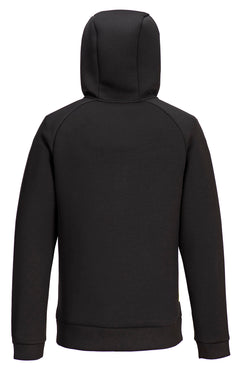 Back of Portwest DX4 Quarter Zip Hoodie long sleeve in black with hood.