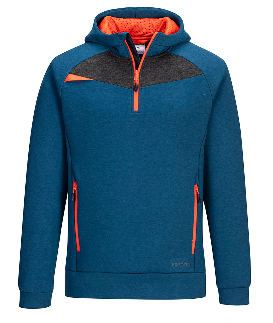 Portwest DX4 Quarter Zip Hoodie long sleeve in metro blue with fluorescent orange quarter zip neck, zip pockets on lower, triangle feature on shoulder and inside of hood and grey panel below collar.