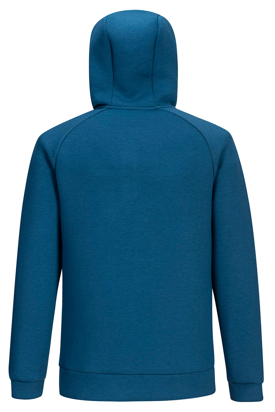 Back of Portwest DX4 Quarter Zip Hoodie long sleeve in metro blue with hood.