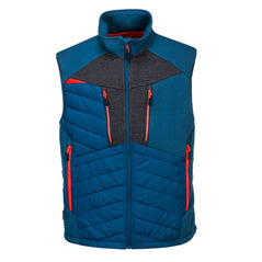 Metro blue DX4 baffle gilet. Gilet has grey and orange contrast on the zips and chest. Side and chest pockets.