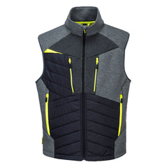 Black and metal grey DX4 baffle gilet. Gilet has grey and yellow contrast on the zips and chest. Side and chest pockets.