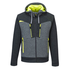 Metal grey DX4 zip hooded sweatshirt. hoodie has grey and yellow contrast on the zips and chest. Side and chest pockets as well as visible hood with drawstring tighten.