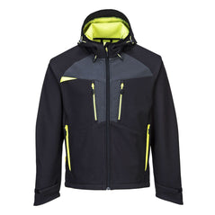 Black DX4 softshell jacket. jacket has grey and yellow contrast on the zips and chest. Side and chest pockets.
