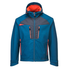 Metro blue DX4 softshell jacket. jacket has grey and orange contrast on the zips and chest. Side and chest pockets.