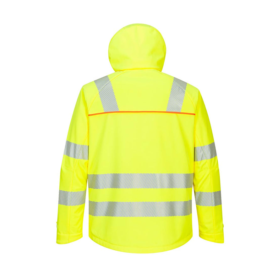 Yellow DX4 Hi-Vis Softshell jacket with hood and black chest
