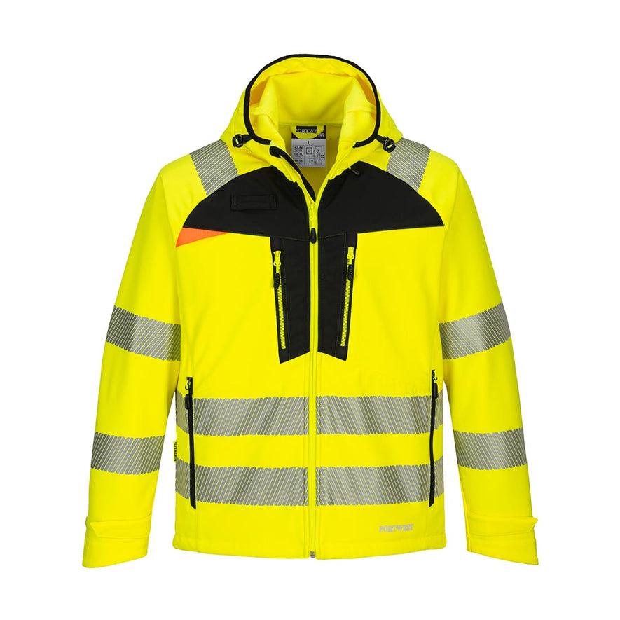 Yellow DX4 Hi-Vis Softshell jacket with hood and black chest
