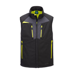 Portwest DX4 Softshell Gilet in black with full zip fastening and fluorescent yellow zip pockets on lower, triangle feature on shoulder and inside of hood and grey panel below collar.