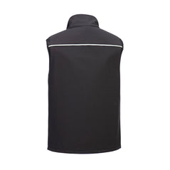 Back of Portwest DX4 Softshell Gilet in black with reflective strip on back.