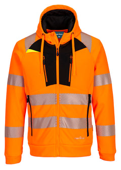 Portwest DX4 Hi-Vis Funnel Neck Sweatshirt in orange with heat seal reflective strips on chest, arms and shoulders, black panels on chest, inside of hood and zipped pockets on lower. Yellow triangle patch on chest.