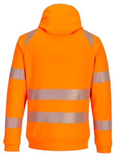Back of Portwest DX4 Hi-Vis Funnel Neck Sweatshirt in orange with hood and heat seal reflective strips on chest, arms and shoulders.