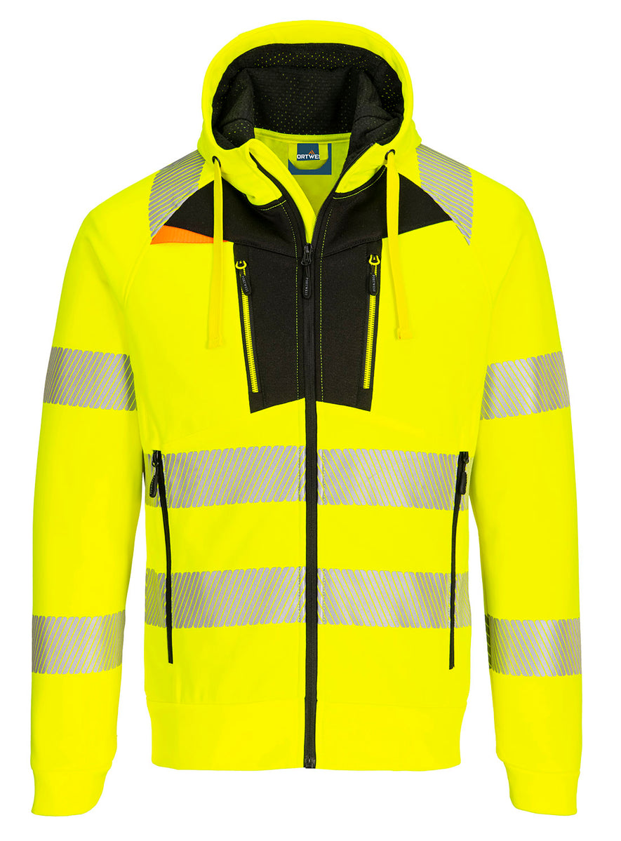 Portwest DX4 Hi-Vis Funnel Neck Sweatshirt in yellow with heat seal reflective strips on chest, arms and shoulders, black panels on chest, inside of hood and zipped pockets on lower. Orange triangle patch on chest.