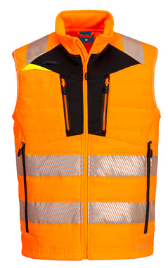 Portwest DX4 Hi-Vis Hybrid Baffle Bodywarmer in orange with heat seal reflective strips on chest and shoulders, black panels on chest, inside of hood and zipped pockets on lower. Yellow triangle patch on chest.