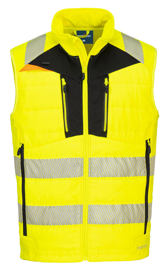 Portwest DX4 Hi-Vis Hybrid Baffle Bodywarmer in yellow with heat seal reflective strips on chest and shoulders, black panels on chest, inside of hood and zipped pockets on lower. Orange triangle patch on chest.