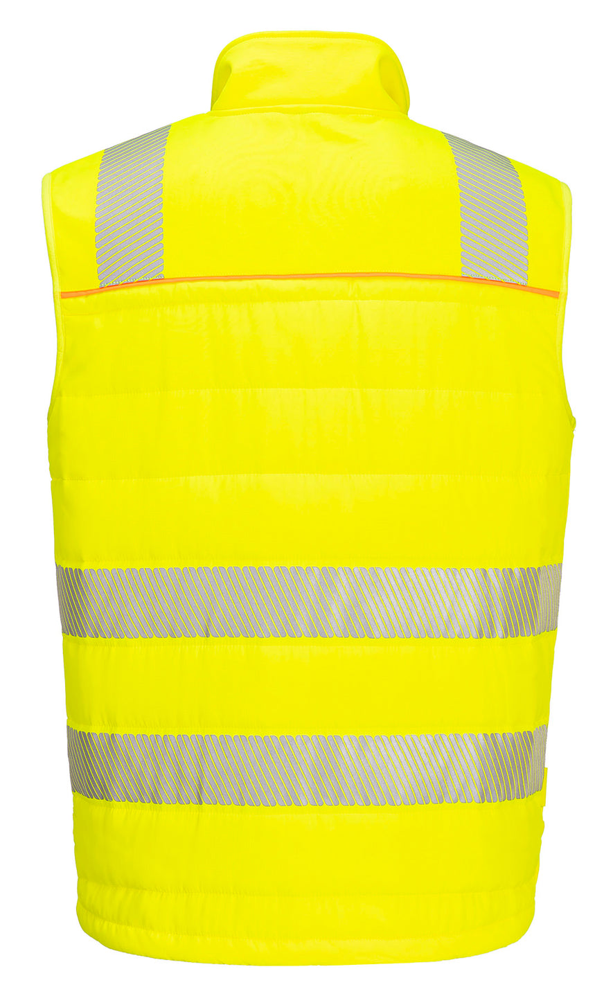 Back of Portwest DX4 Hi-Vis Funnel Neck Sweatshirt in yellow with heat seal reflective strips on chest and shoulders.