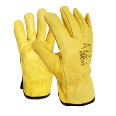 Yellow leather drivers gloves. Gloves have a black cuff.