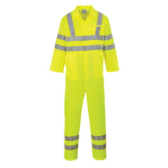 Yellow Hi Vis coverall. Coverall has hi vis bands on the ankles, arms, body and shoulders. Coverall also has zip chest pocket. Coverall has front fasten.