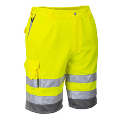 Yellow hi vis poly-cotton shorts with grey contrast at the bottom. Shorts have cargo style pockets and D-ring loop. Hi vis bands and grey contrast at the bottom of the shorts.