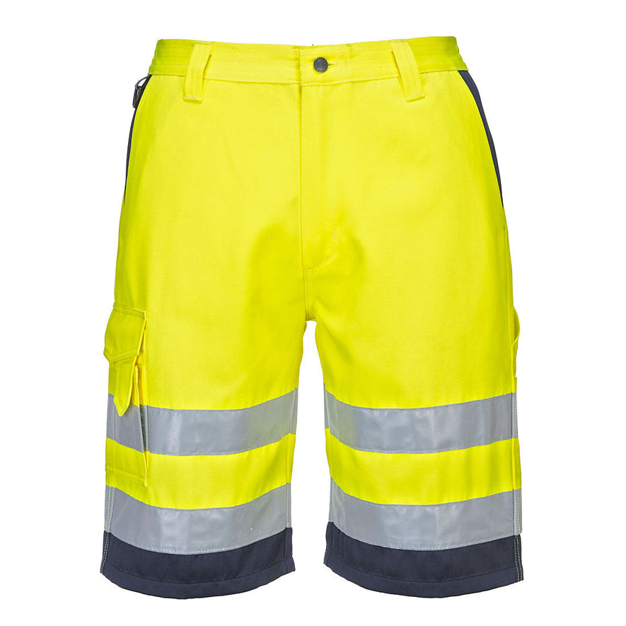 Yellow hi vis poly-cotton shorts with navy contrast at the bottom. Shorts have cargo style pockets and D-ring loop. Hi vis bands and navy contrast at the bottom of the shorts.