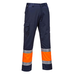 Navy hi vis two tone combat trousers with orange contrast on the bottom of the trousers. Cargo pockets are on the trousers with hi vis bands on the ankles.