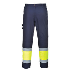 Navy hi vis two tone combat trousers with yellow contrast on the bottom of the trousers. Cargo pockets are on the trousers with hi vis bands on the ankles.