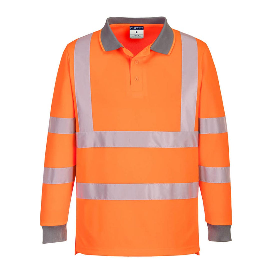 Orange Eco Hi-Vis Long Sleeve Polo with grey collar and elasticated cuff