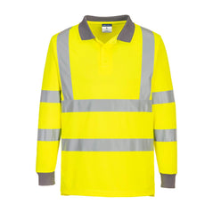 Yellow Eco Hi-Vis Long Sleeve Polo with grey collar and elasticated cuff