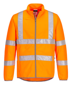 Portwest Eco Hi-Vis Softshell Jacket in Orange with reflective on front, shoulders and arms, full zip fastening on front in grey, radio loop on shoulder and zip pockets on lower front.